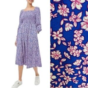 J. Crew Floral Smocked Midi Dress Blue and Pink Size S